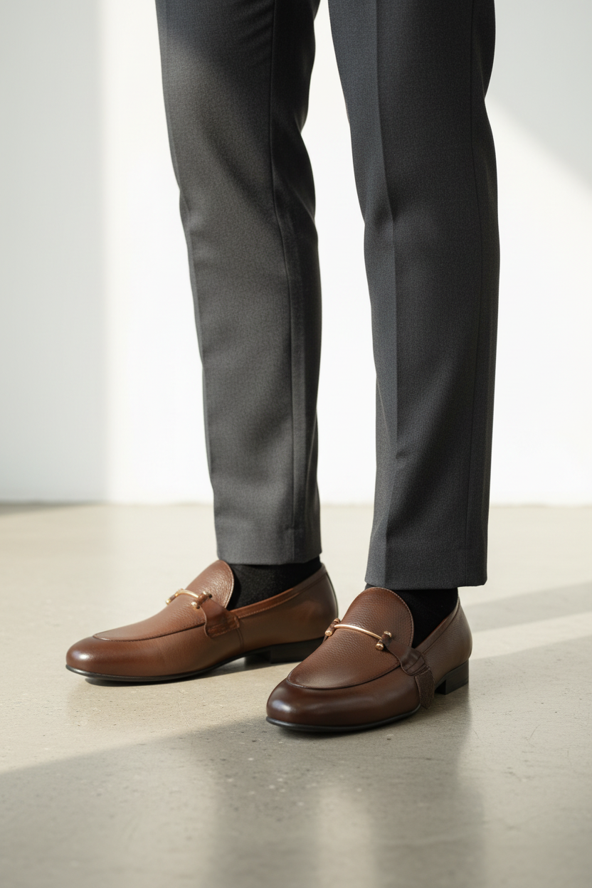 Men’s Premium Original Leather Brown Loafers – Genuine Leather Slip-On Formal Shoes with Metal Bit | Luxury Comfort & Elegant Design