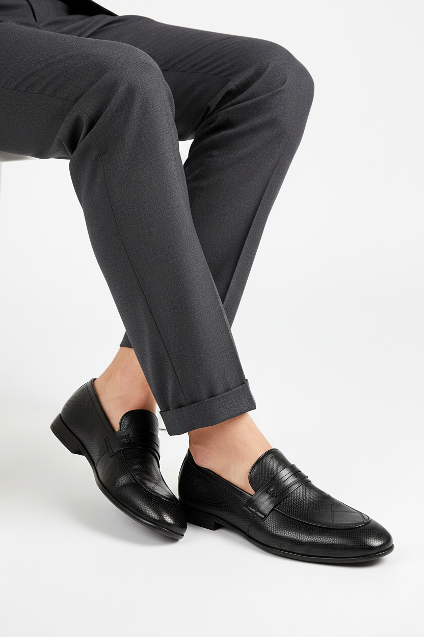 Handcrafted Pure Original Leather Men’s Loafers – Premium Textured Black Formal Slip-Ons